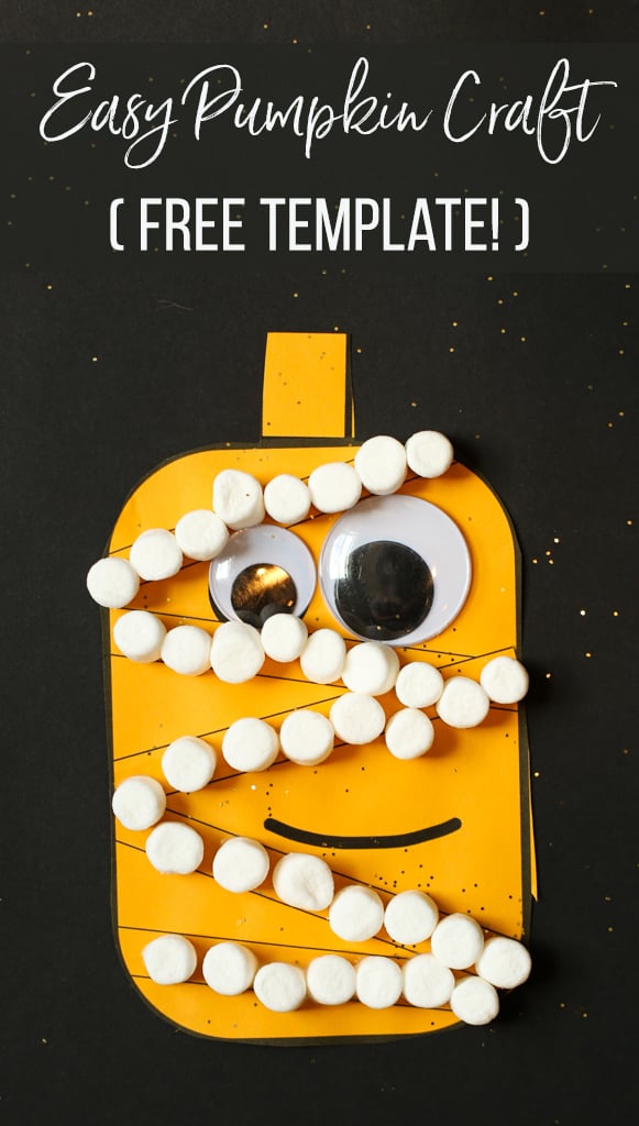 Pumpkin cut out of orange paper glued on a piece of black paper with googly eyes and mini marshmallows in lines to make it look like a mummy with the words Free Template on it.