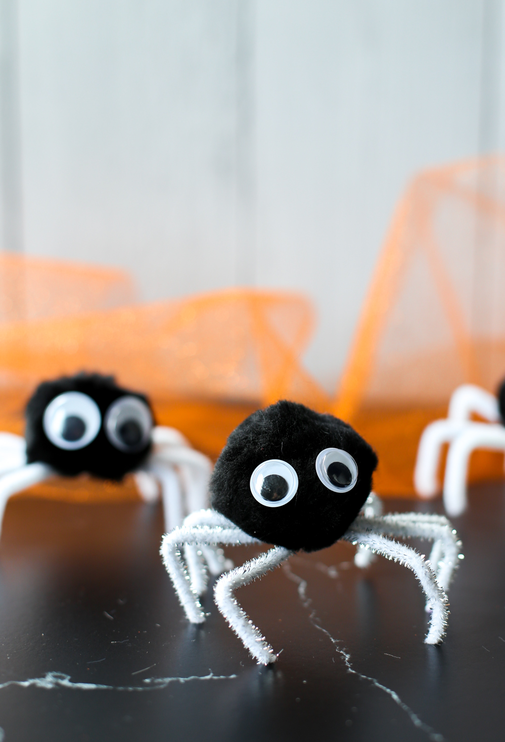 Pipe cleaner spider craft - black pom poms glued atop white pipe cleaner legs bent to look like spider legs and googly eyes as well.