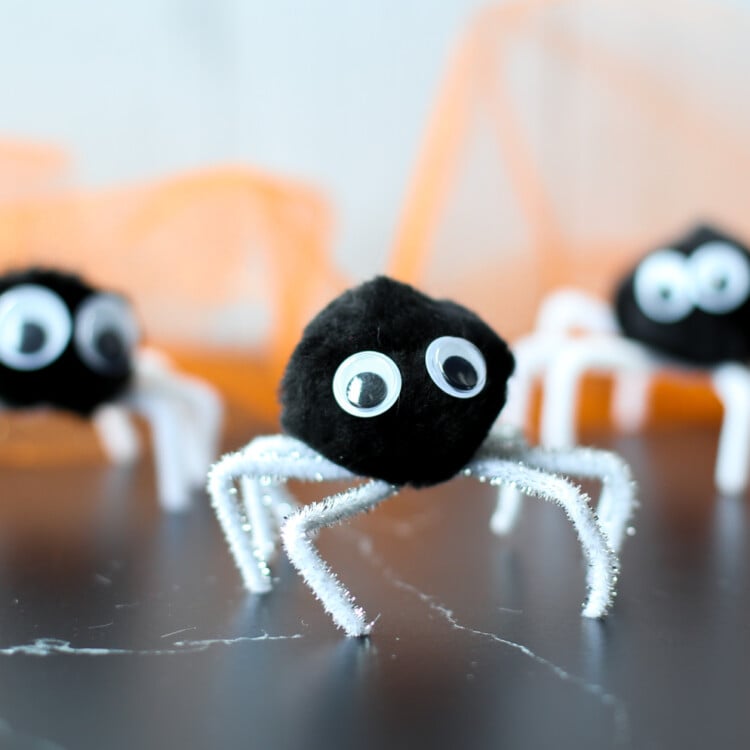 Pipe cleaner spiders lined up on a table.