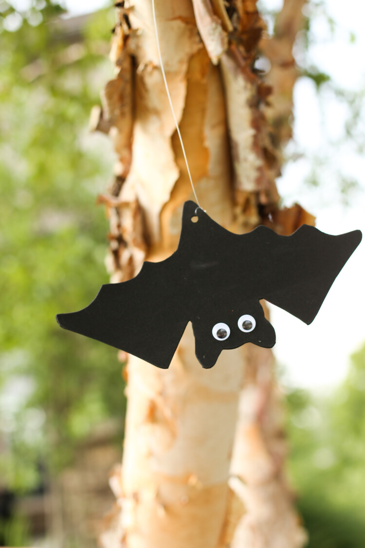Black foam bat hanging upside down from a tree.