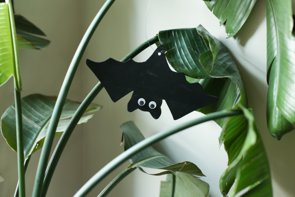 Foam bat craft hanging from a house plant 