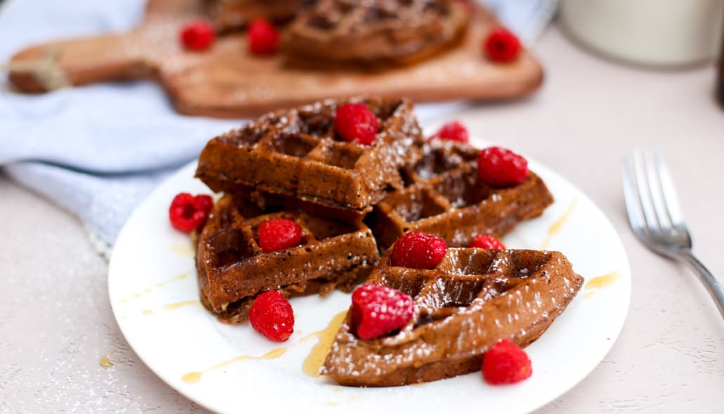 Chocolate waffles broken up and stacked 