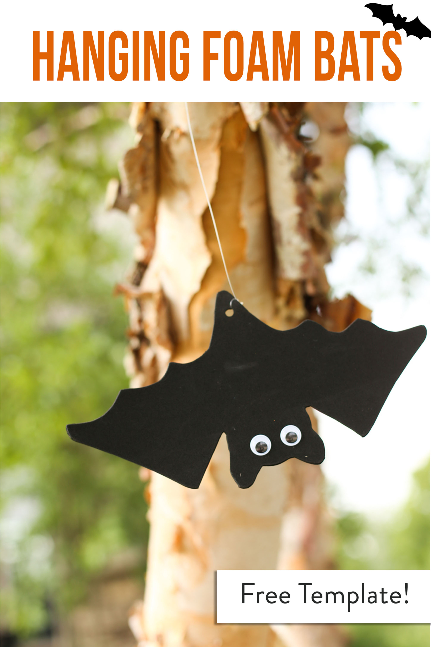 Hanging foam bat with googly eyes hanging outside from a tree.