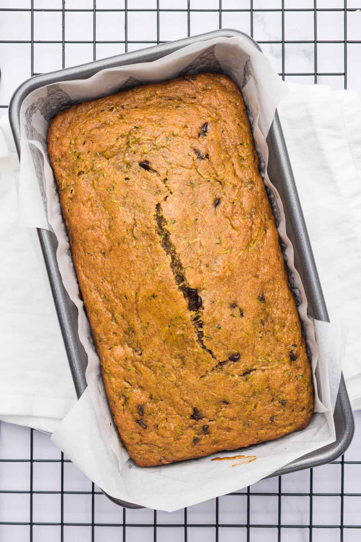 chocolate chip zucchini bread overhead shot right out of the oven