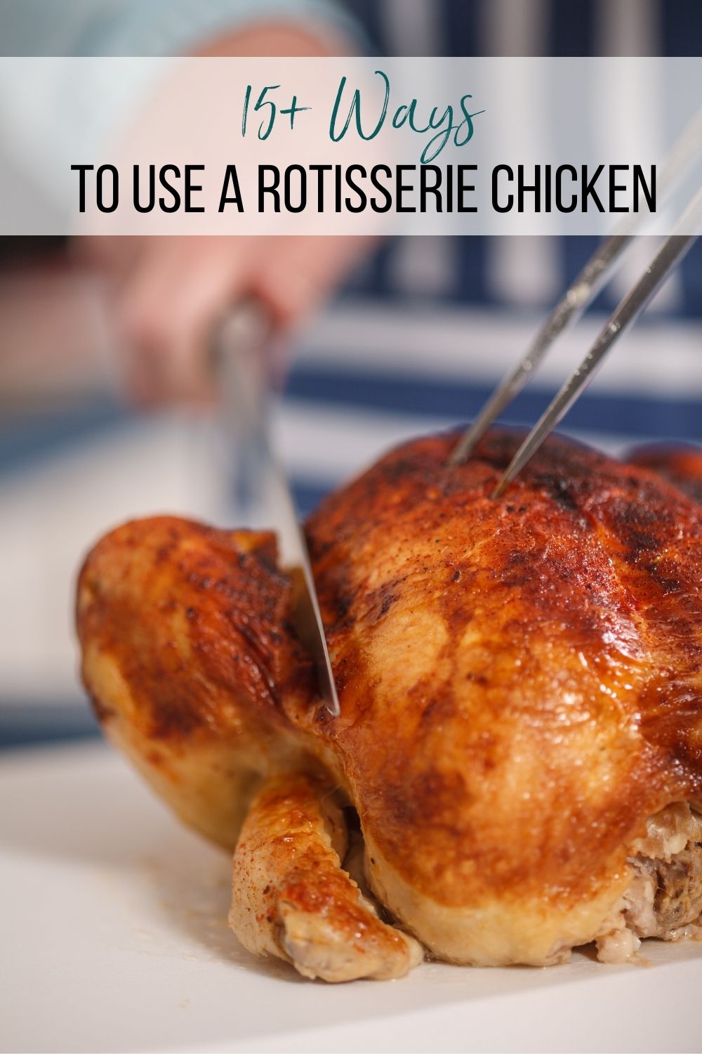 A rotisserie chicken being carved on a cutting board.