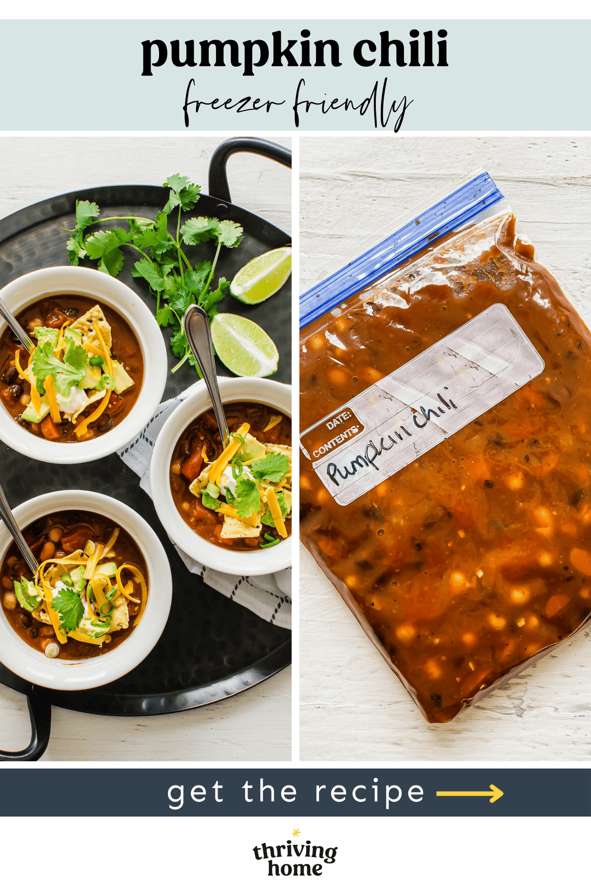 Three bowls of pumpkin chili with a freezer bag of chili next to it.