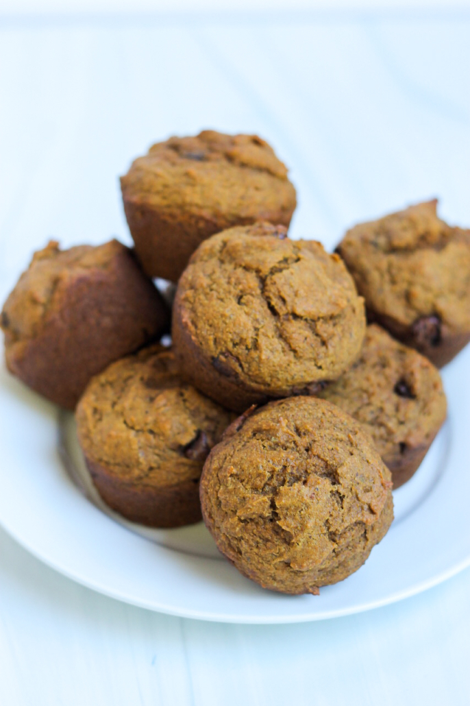 Pumpkin Muffins with Chocolate Chips stacked on a white plate