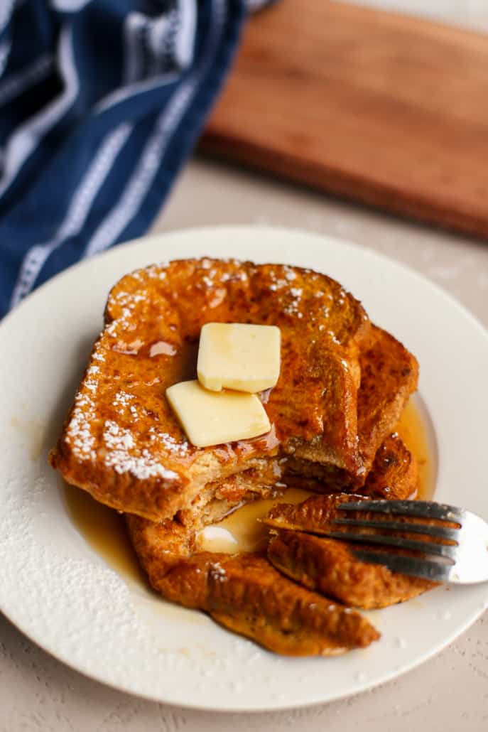Pumpkin French Toast being cut into by a fork