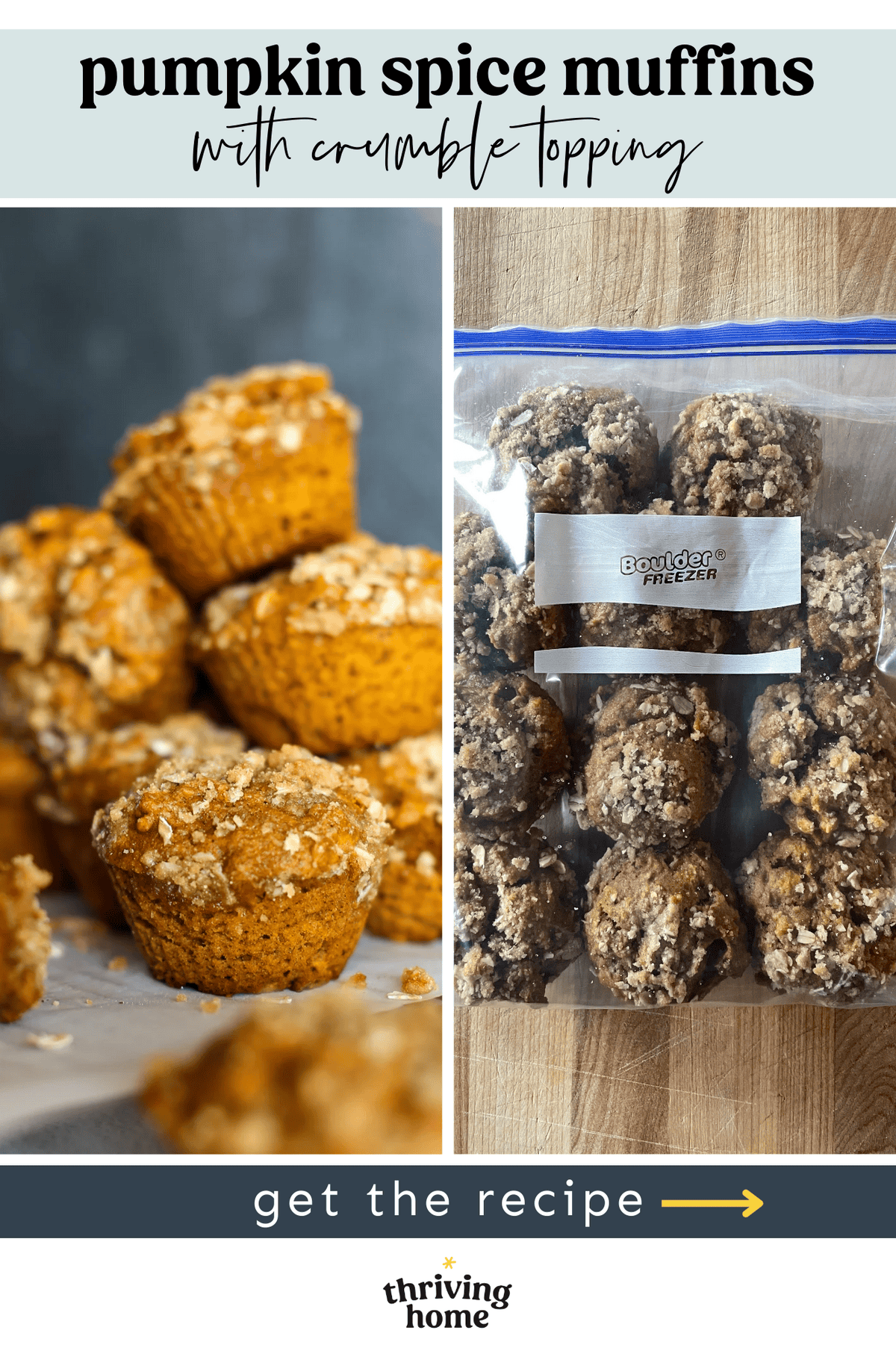 Pumpkin spice muffins stacked on top of each other and a freezer bag of them next to it.