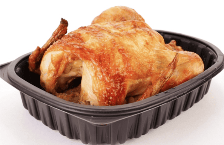 a rotisserie chicken from the store in a black pan