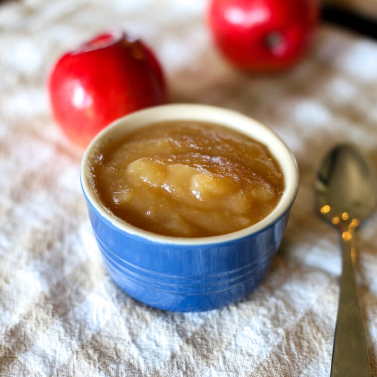applesauce in a small bowl with a spoon.