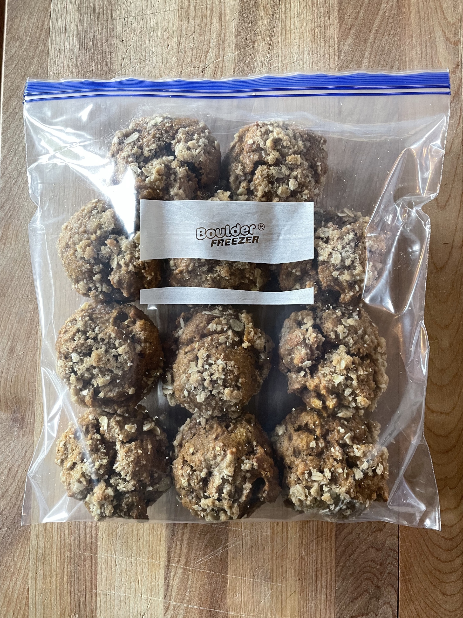 Pumpkin Spice Muffins with Crumble Topping in a freezer bag.