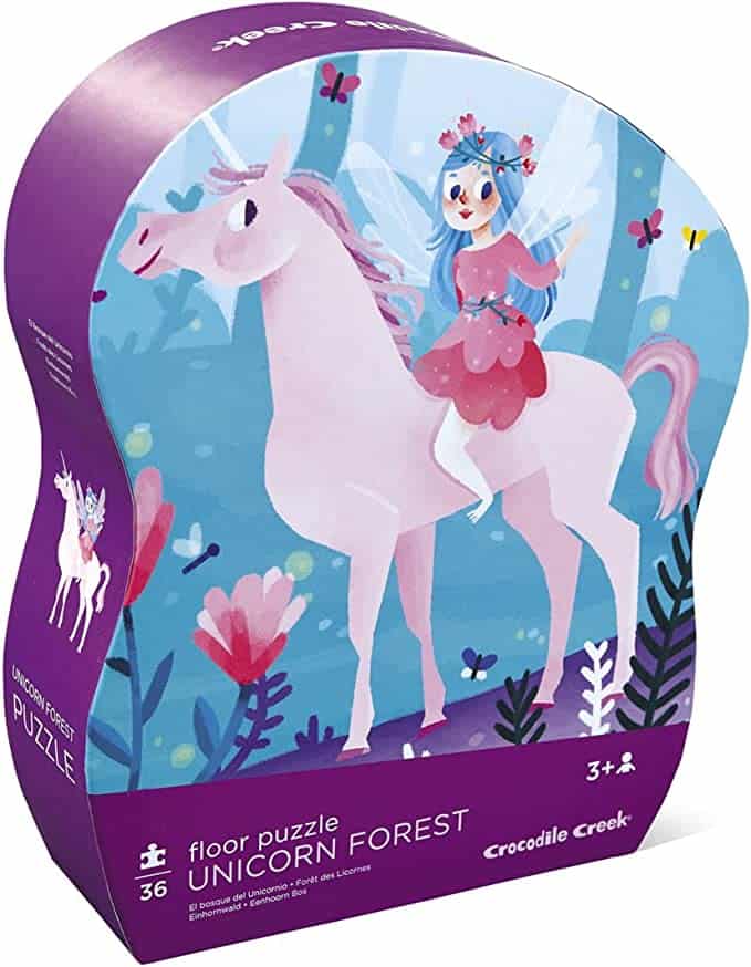 Unicorn Forest Floor Puzzle box showing that the puzzle is of a fairy riding a unicorn.