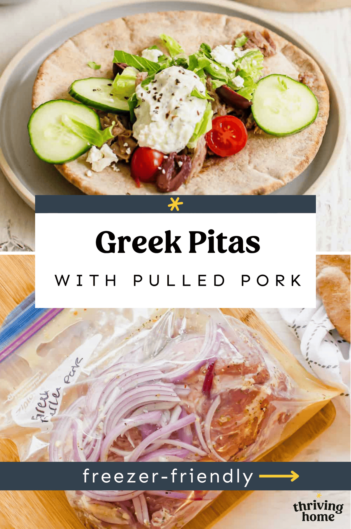 A photo of pita bread with Greek pulled pork and toppings with a photo of Greek pulled pork as a freezer meal.