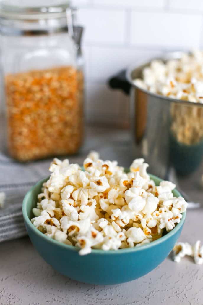 popcorn in a blue bowl