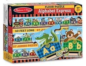 Box containing Melissa and Doug Alphabet Train floor puzzle.