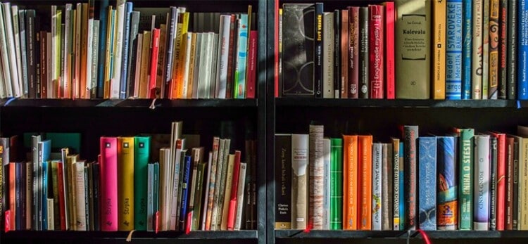 Hundreds of books on a bookshelf.