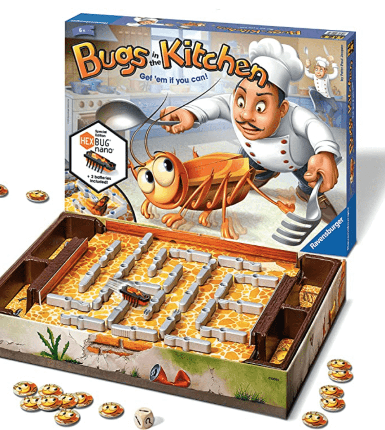 Bugs in A Kitchen Game where the bottom half of the box is the game board and the lid of the box is standing up next to it.