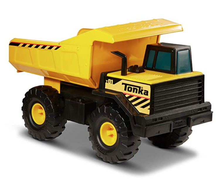 Yellow Tonka dump truck toy.