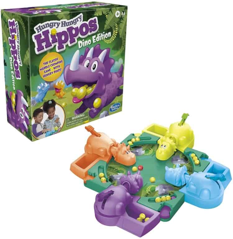 Hungry Hippos game sitting in front of the box it comes in.