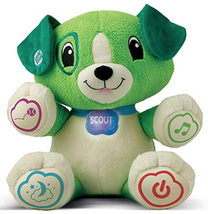 Green and white Leapfrog Scout dog plush toy with buttons on his paws.