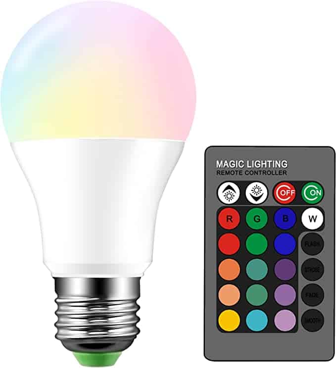 A light bulb a remote control beside it so you can turn the light to different colors.