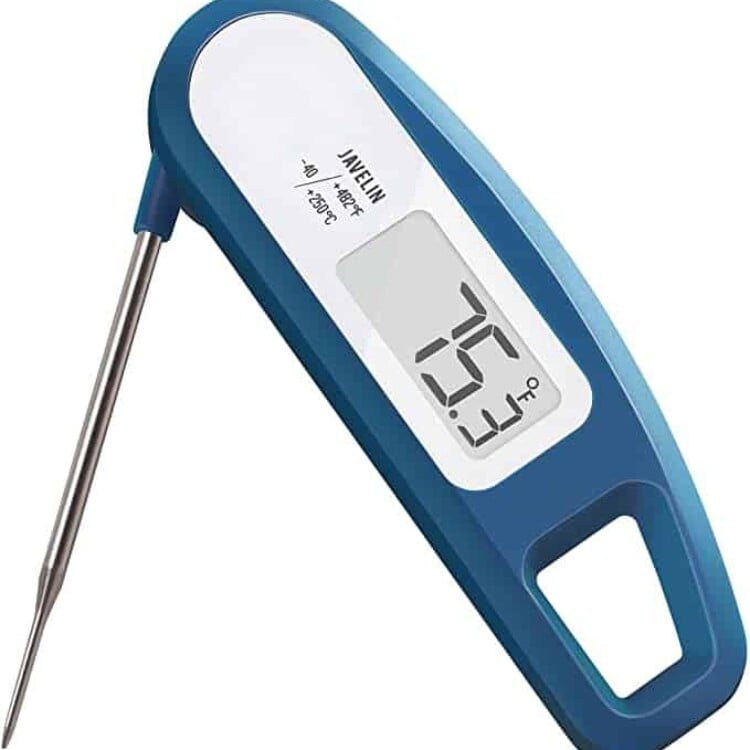 A blue digital instant-read meat thermometer.