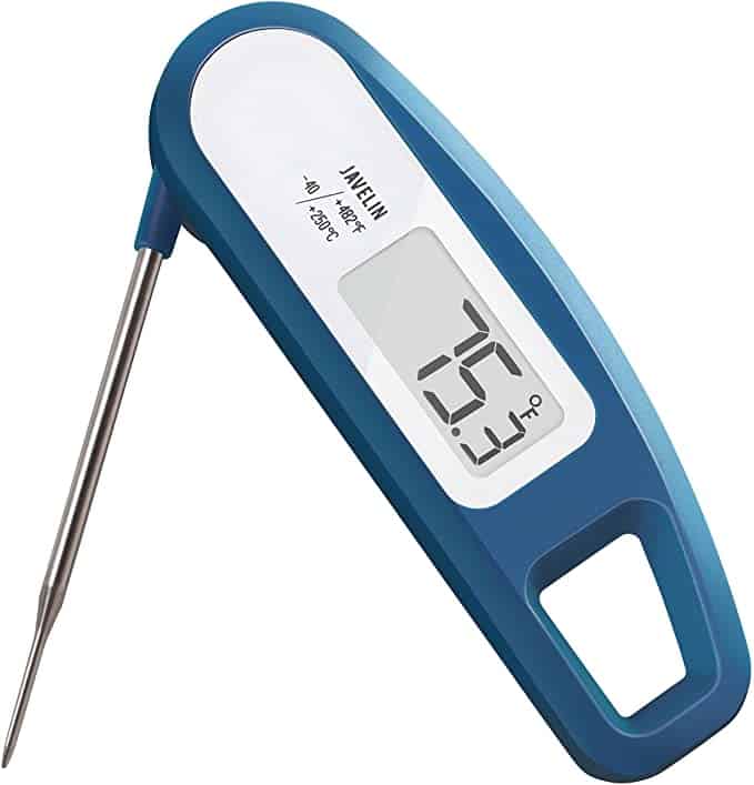 A blue digital instant-read meat thermometer.