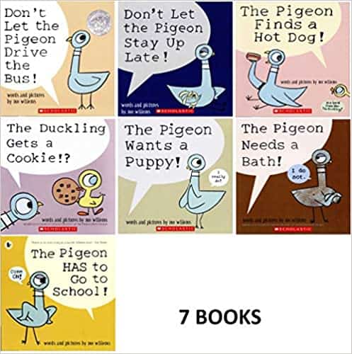 Collage of 7 books in the Pigeon series by Mo Williams.