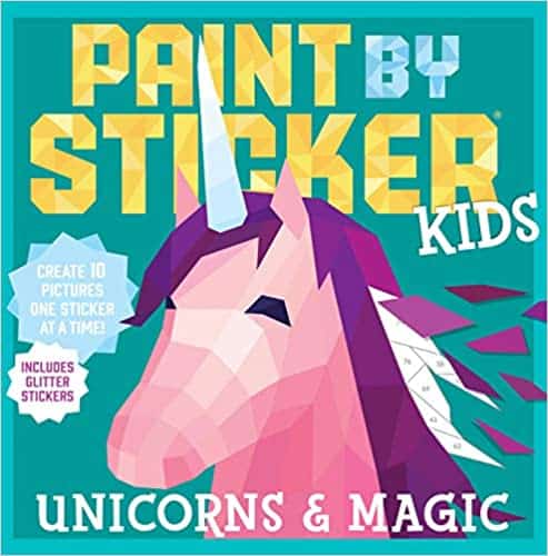 Cover of a Paint by Sticker kids book themed in Unicorns & Magic.