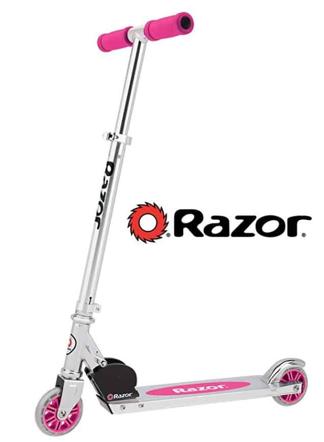 Stock photo of a Razor scooter in silver and pink.