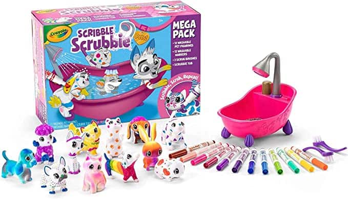 Crayola Scribble Scrubbie mega pack with all the pieces laid out in front of the box.
