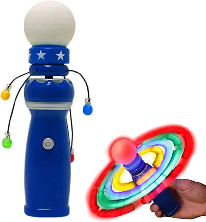Light up galaxy spinner toy with a blue handle and a second photo of the toy spinning and lighting up in different colors in circles.