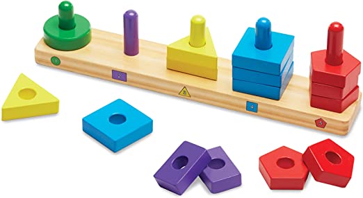 Wooden stacking toy with different color shapes to fit on the matching pegs.
