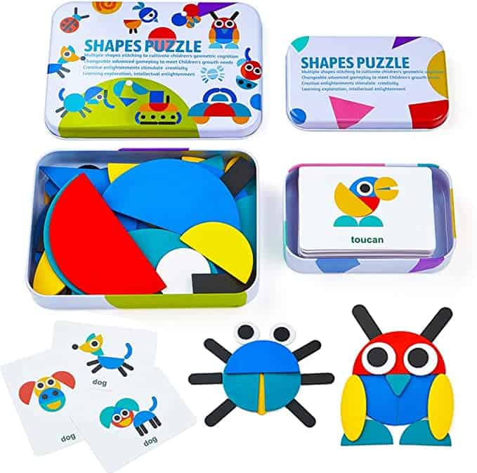 Shapes Puzzle tins open showing that one tin has different size, shape and color of wooden pieces, and the smaller tin having cards of what to make with the wooden shapes.