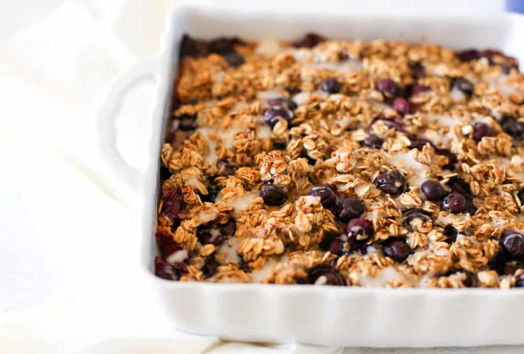 Close up of a cooked blueberry baked oatmeal