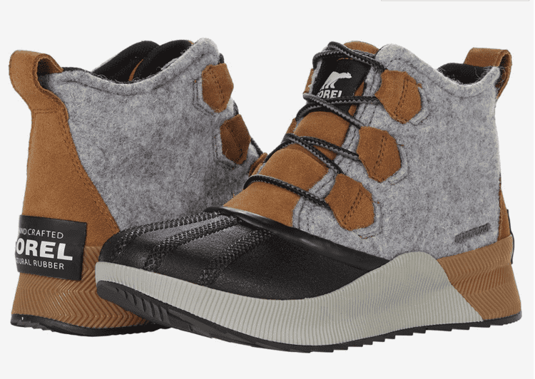 A pair of Sorel boots in gray, brown, and black.