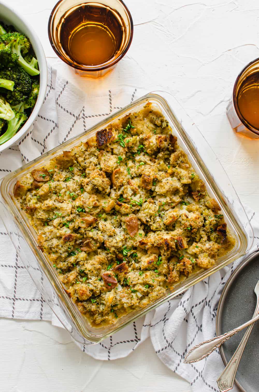 Turkey and stuffing casserole in a glass baking pan ready to serve.