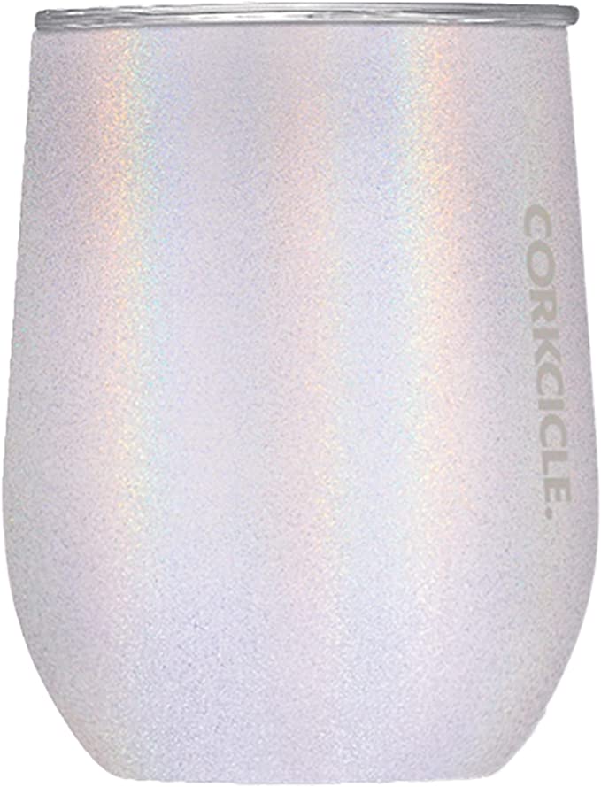 A silvery shimmery corkcicle in a stemless wine glass size.