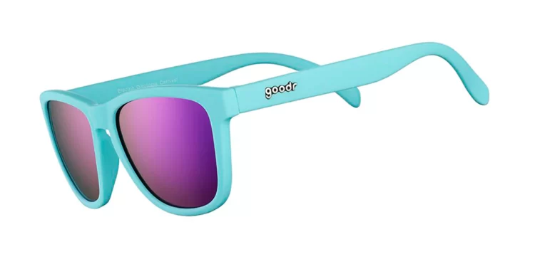 An aqua pair of goodr sunglasses.