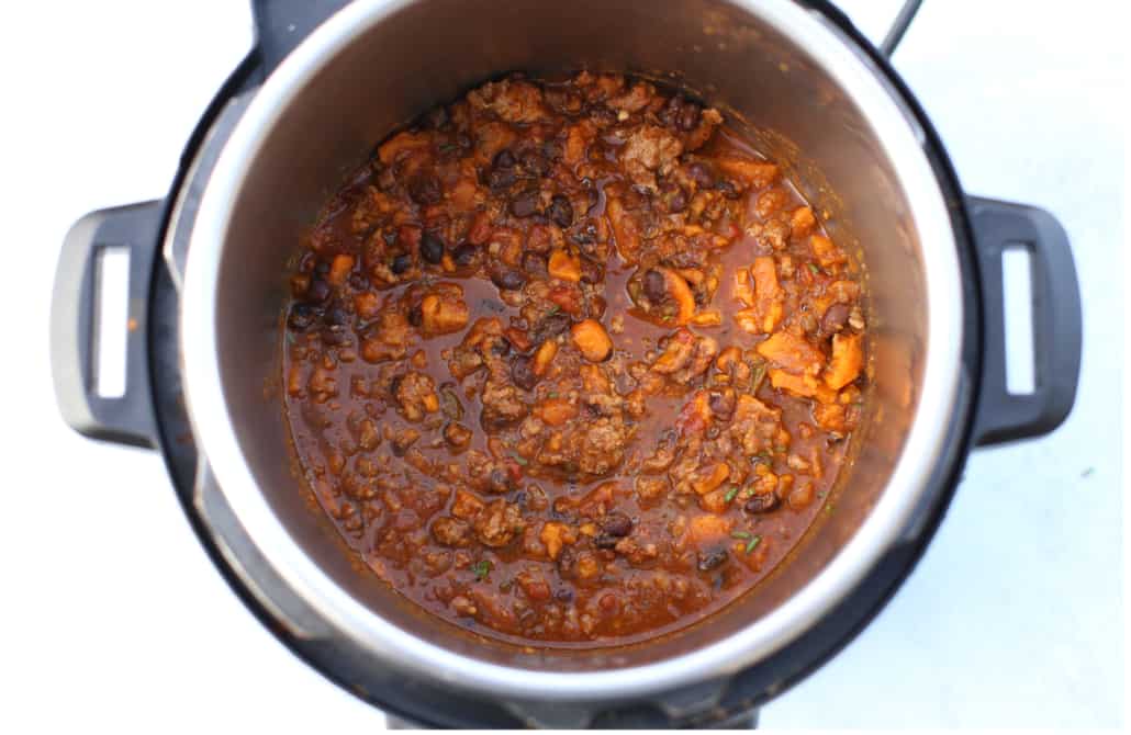 Overhead shot of turkey chili cooked in the Instant Pot