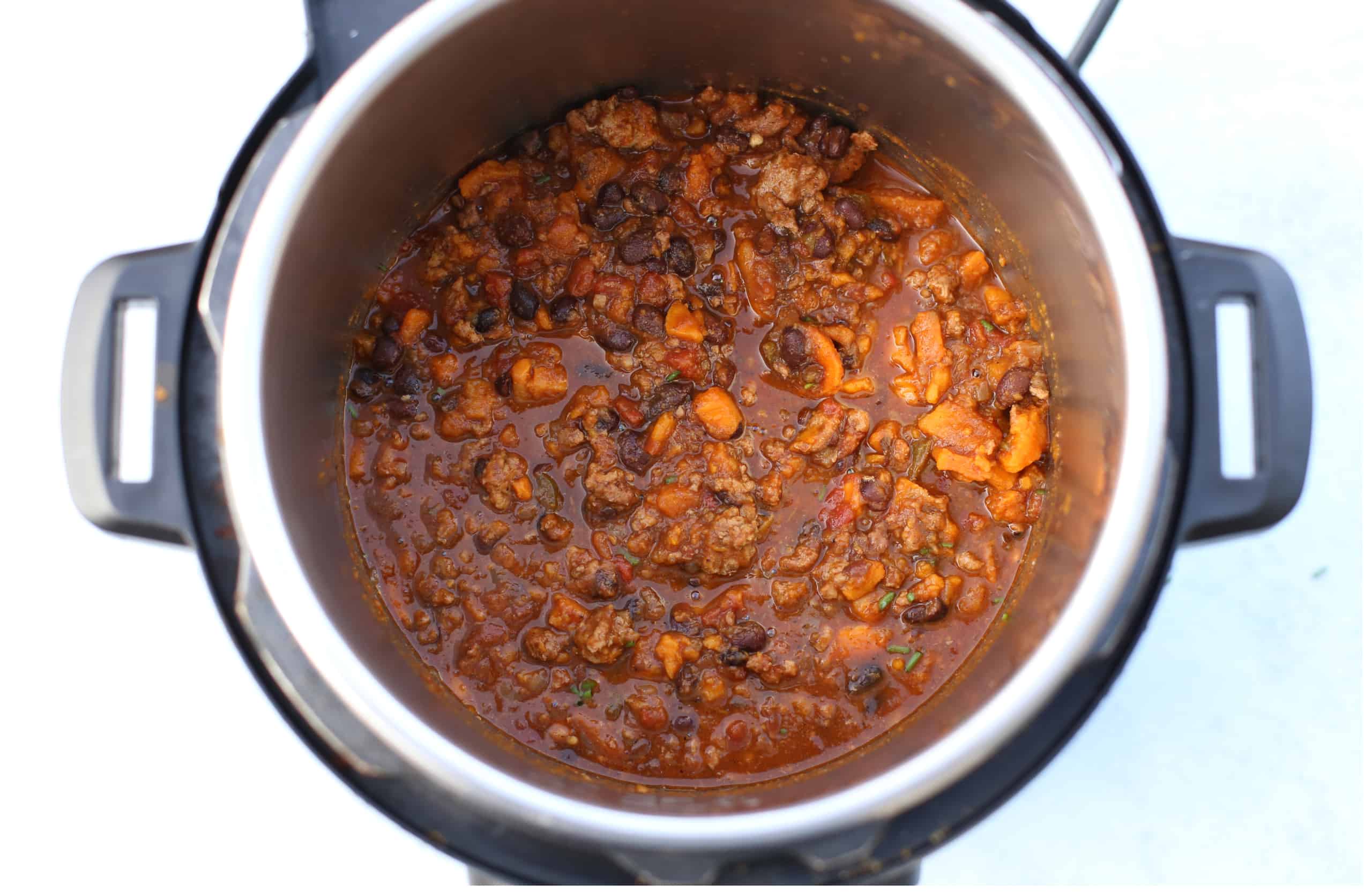 Turkey chili cooked in the Instant Pot and waiting to be served.