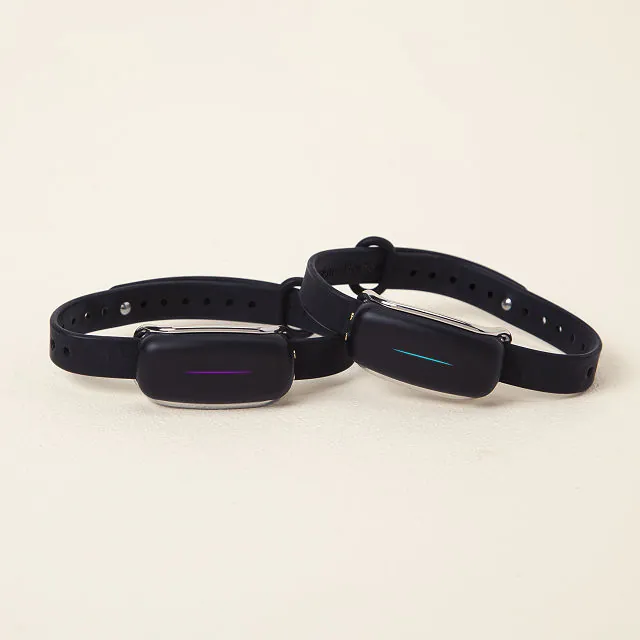 Black bracelets with a light up slit in the middle of each, one is purple and one is blue.