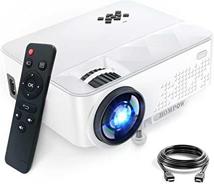 White portable projector with a cord and remote in the photo as well.