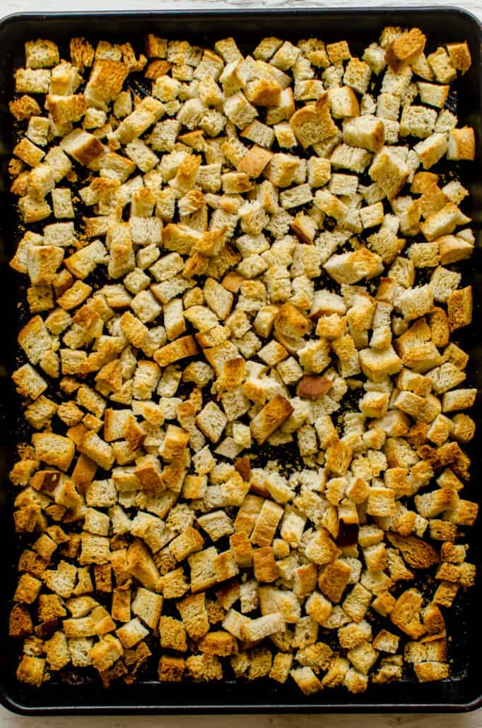 toasted bread cubes on a sheet pan