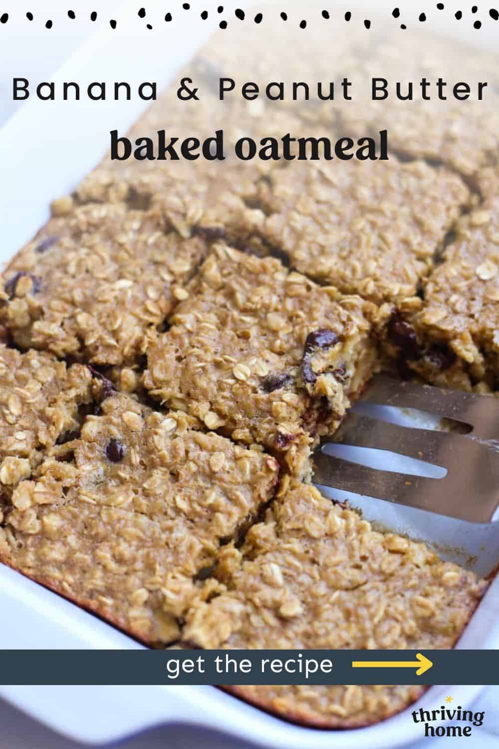 A spatula lifting a serving of banana baked oatmeal from the casserole dish.