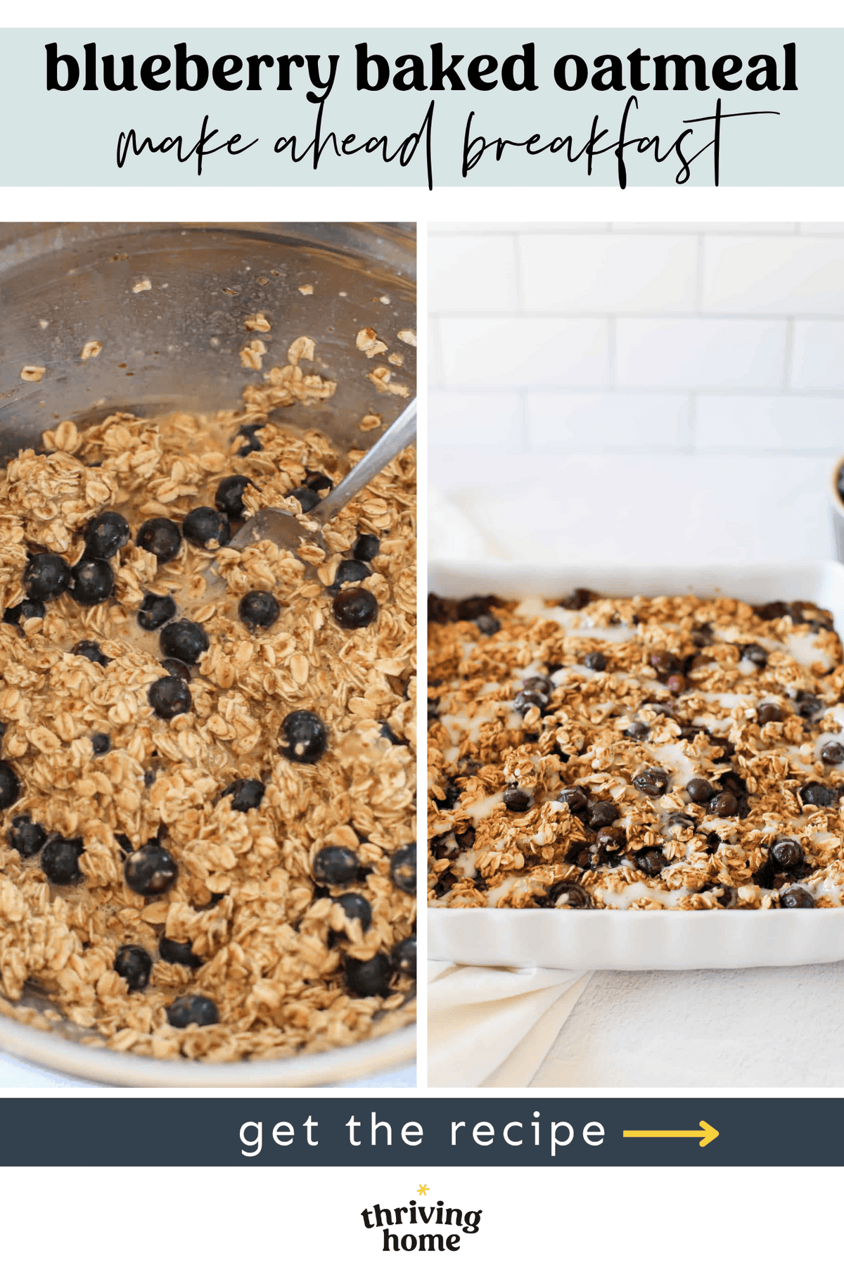 Side by side photos of blueberry baked oatmeal batter in a bowl and the oatmeal out of the oven in a casserole dish.