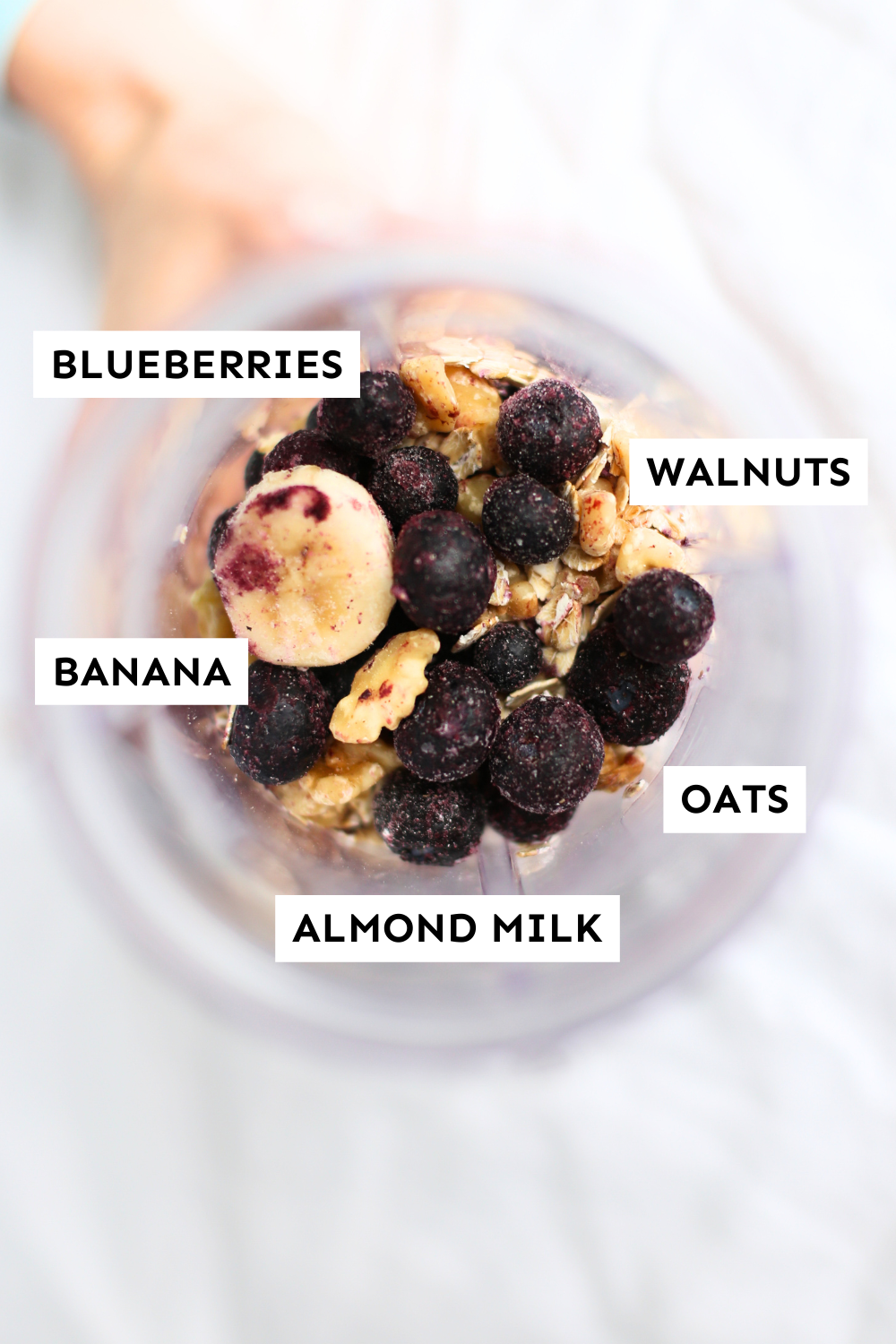 Labeled ingredients for blueberry muffin smoothie. 