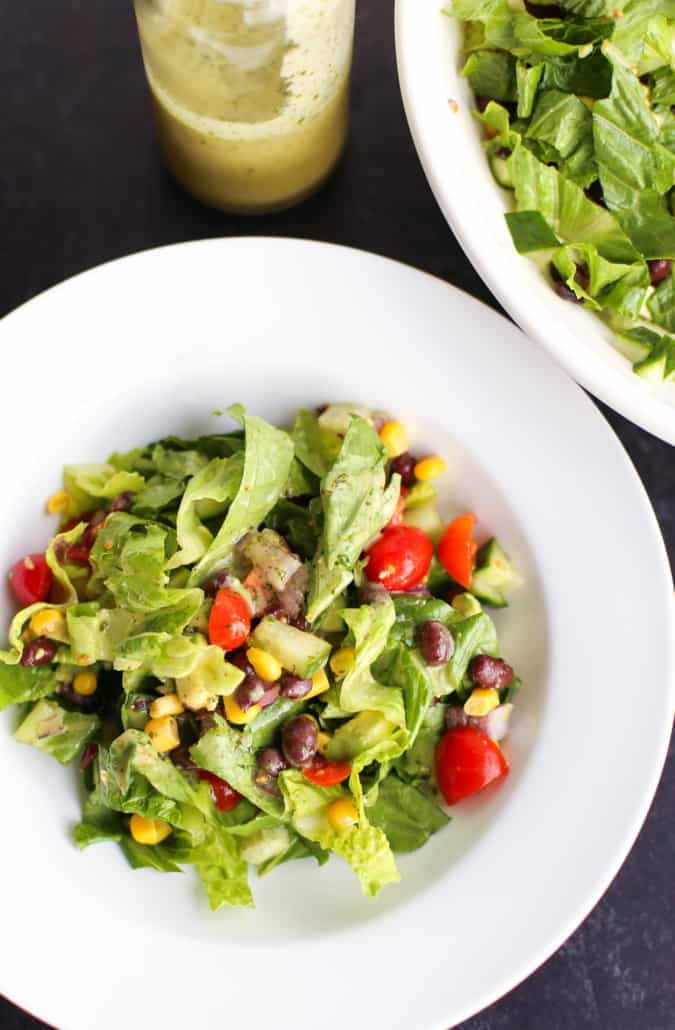 Mexican chopped salad in a white bowl 