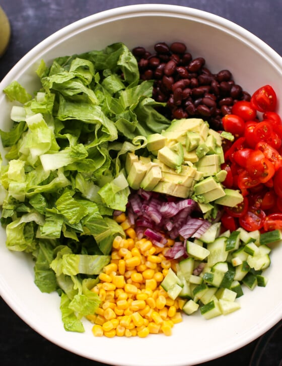 Mexican chopped salad in a white bowl.
